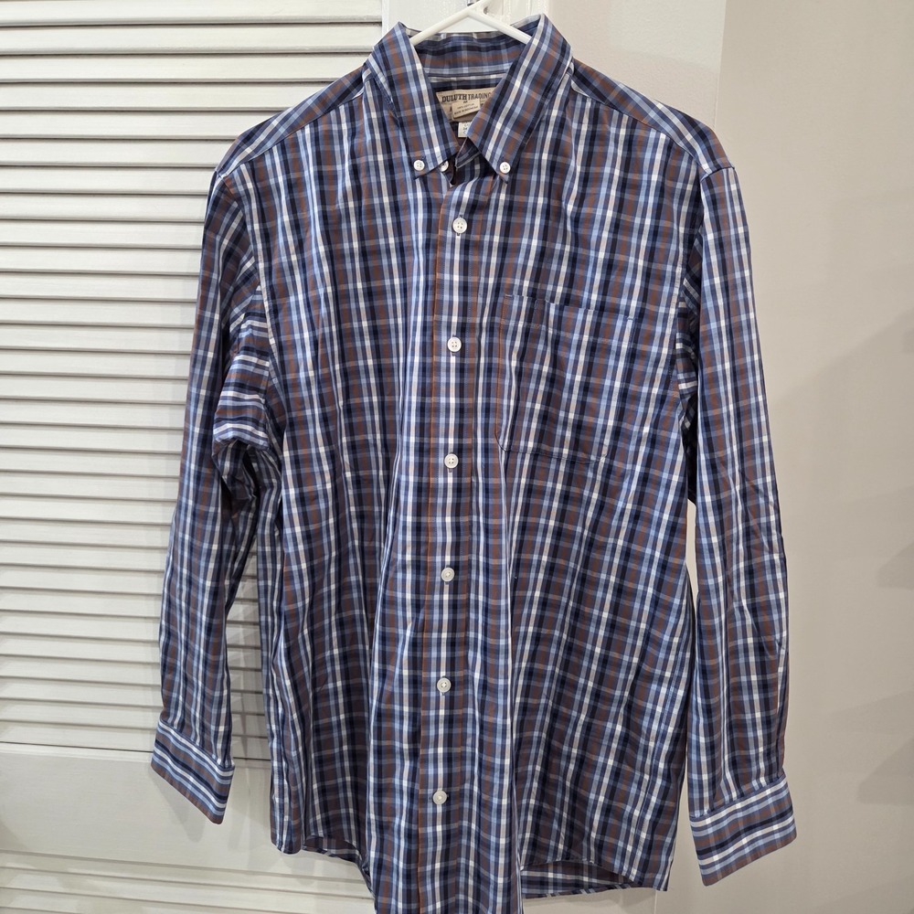 Duluth Trading Co Wrinklefighter Plaid Button Down Shirt Mens Med Blue LS